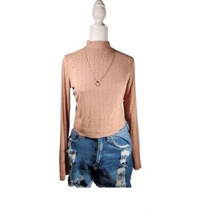 Mock Neck Ribbed Long Sleeve Crop / Cropped And Boxy Top - Warm Taupe / Pink